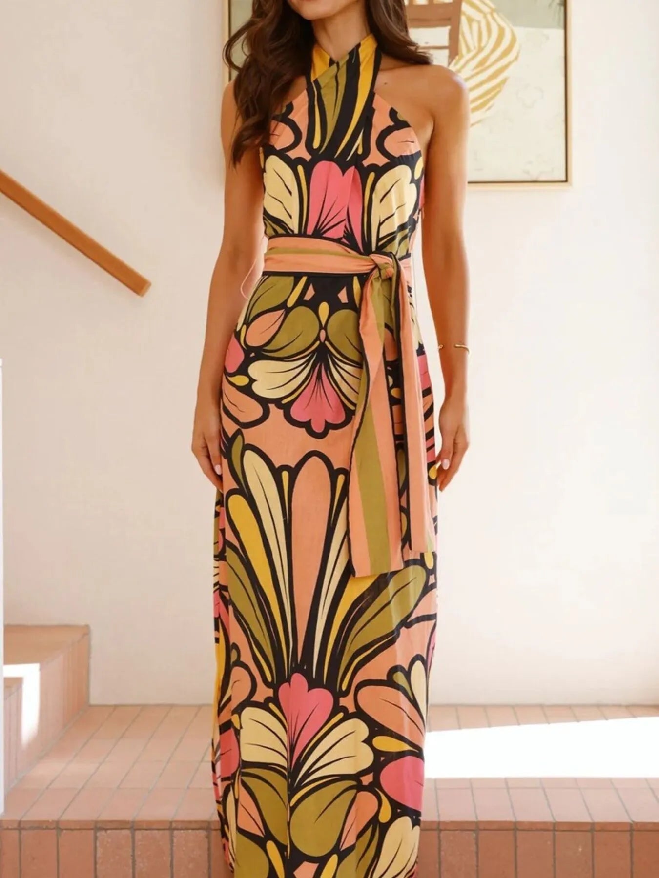 Printed Halter Neck Midi Dress with Ruffles.
