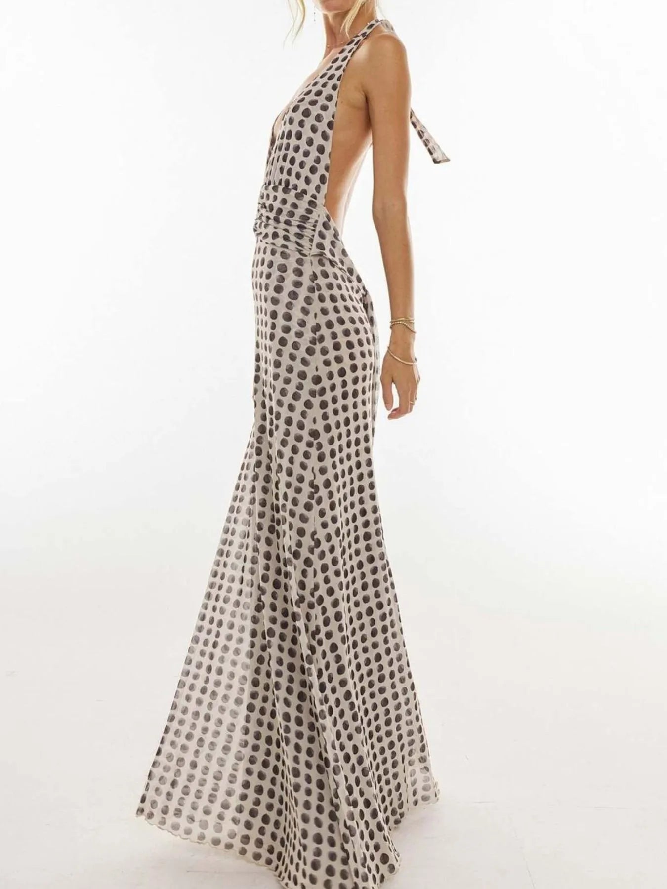 Floral Halter Neck Deep V Maxi Dress - Backless & Ruched.