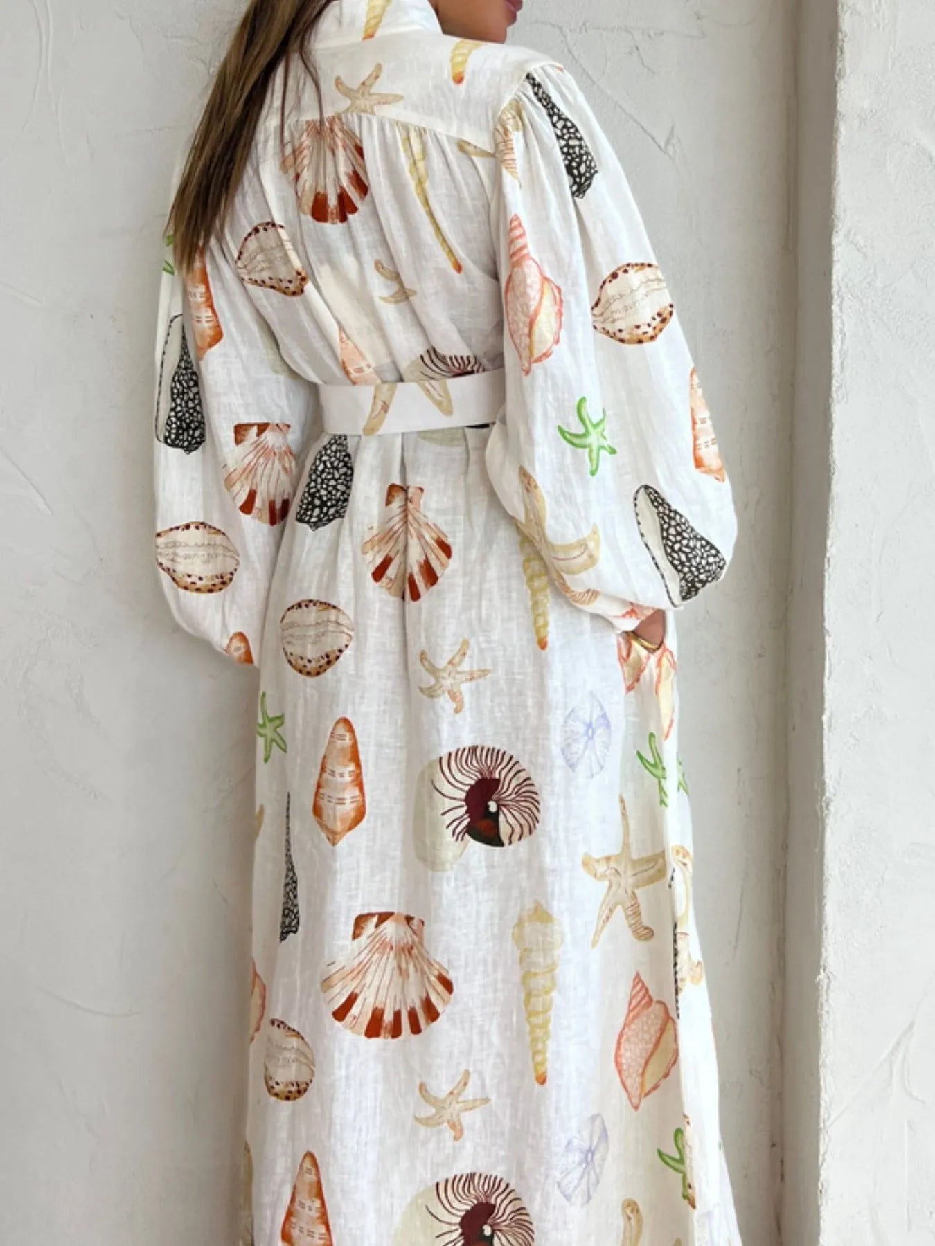 Printed Balloon Sleeve Maxi Shirt Dress with Belt.