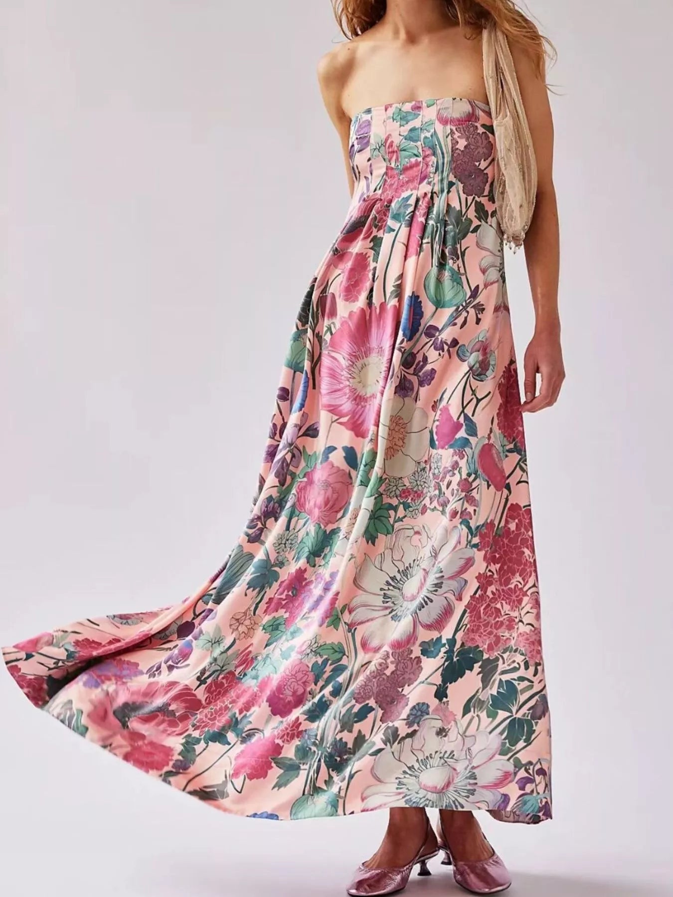 Floral Print Smocked Midi Dress with Front Slit - Ruffled & Tied.