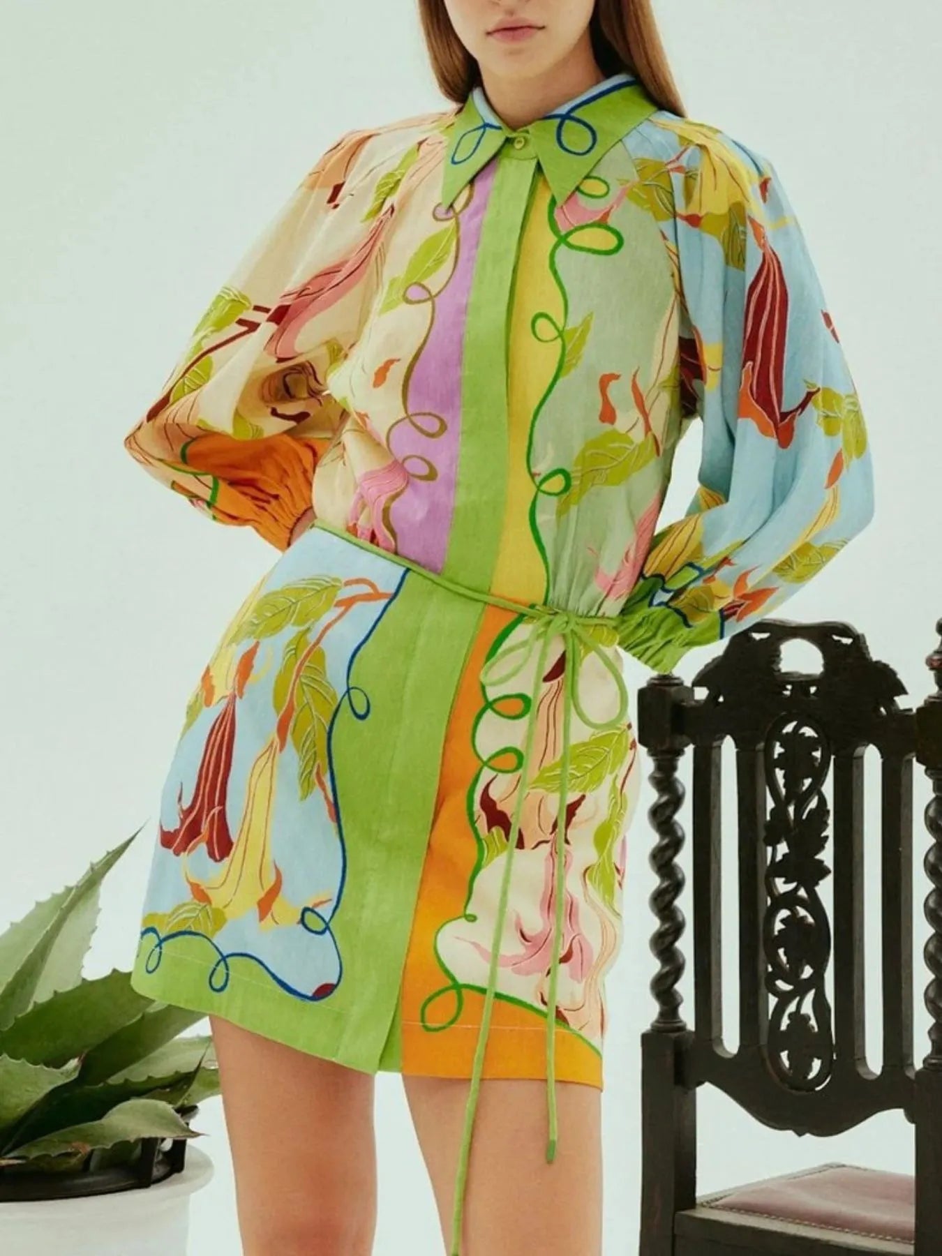 Abstract Print Tie Front Mini Shirt Dress with Pockets.