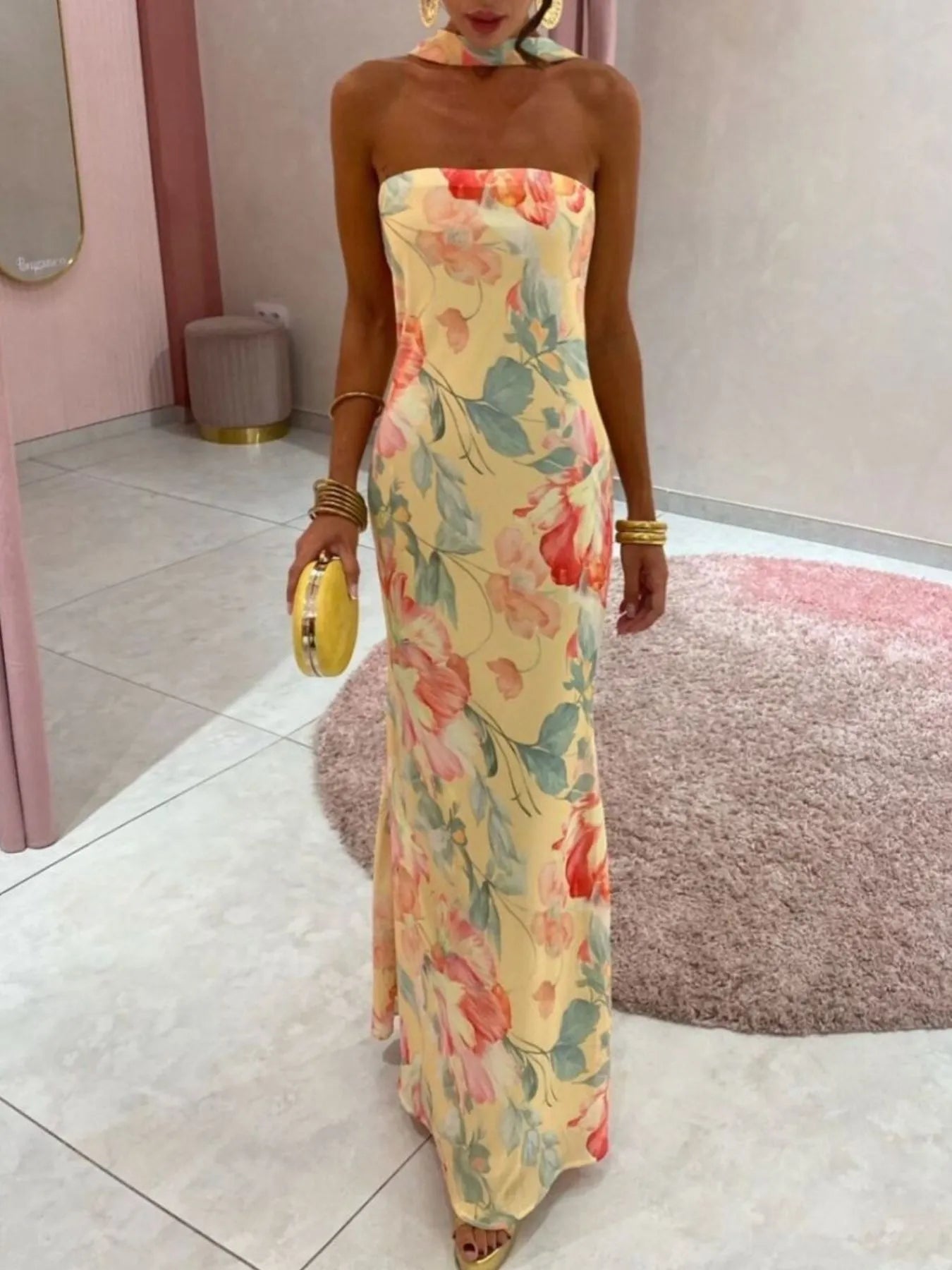 Printed V-Neck Cami Dress - Backless & Cutout.