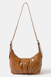 Faux Leather Studded Trim Shoulder Bag - Brown Western Style.