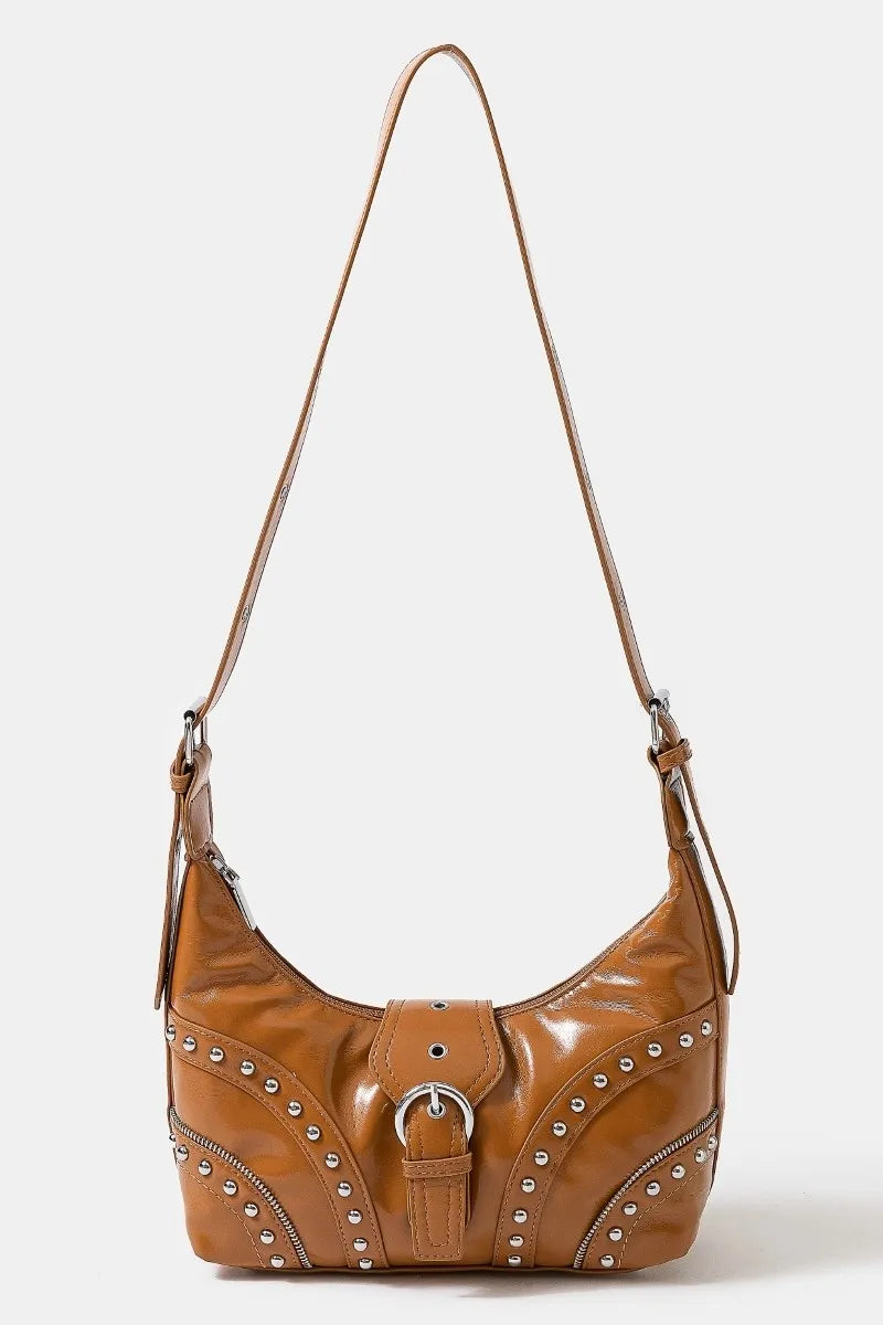 Faux Leather Studded Trim Shoulder Bag - Brown Western Style.