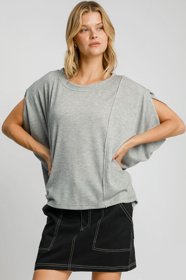 Exposed Seam Round Neck Batwing Sleeve Knit Top