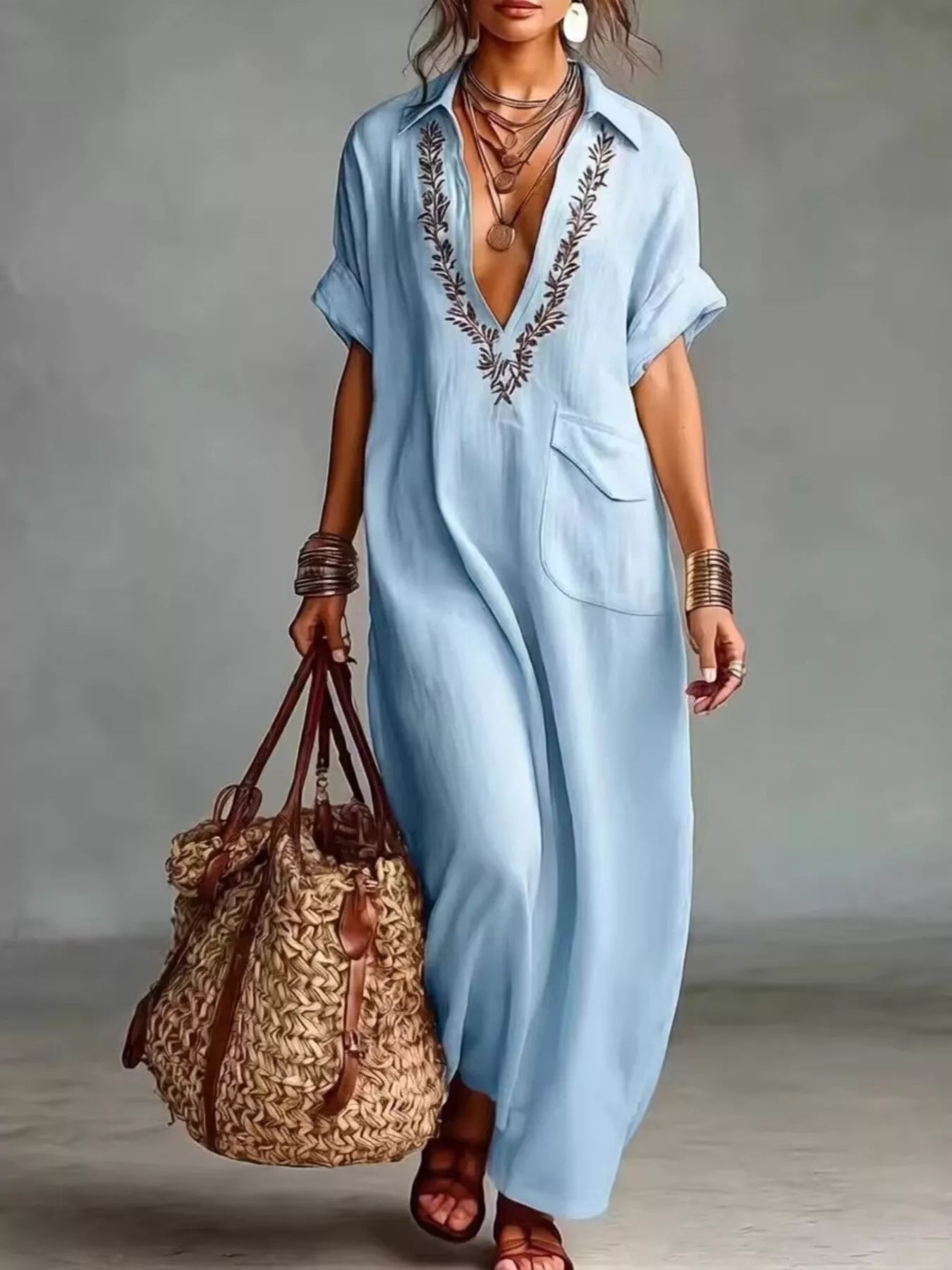 Bohemian embroidered maxi dress with short sleeves and V-neck, shown in apricot, black, blue, green and yellow