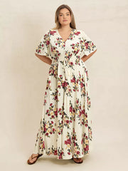 Plus Size Floral Print Maxi Dress with Side Slit and Tied Waist.