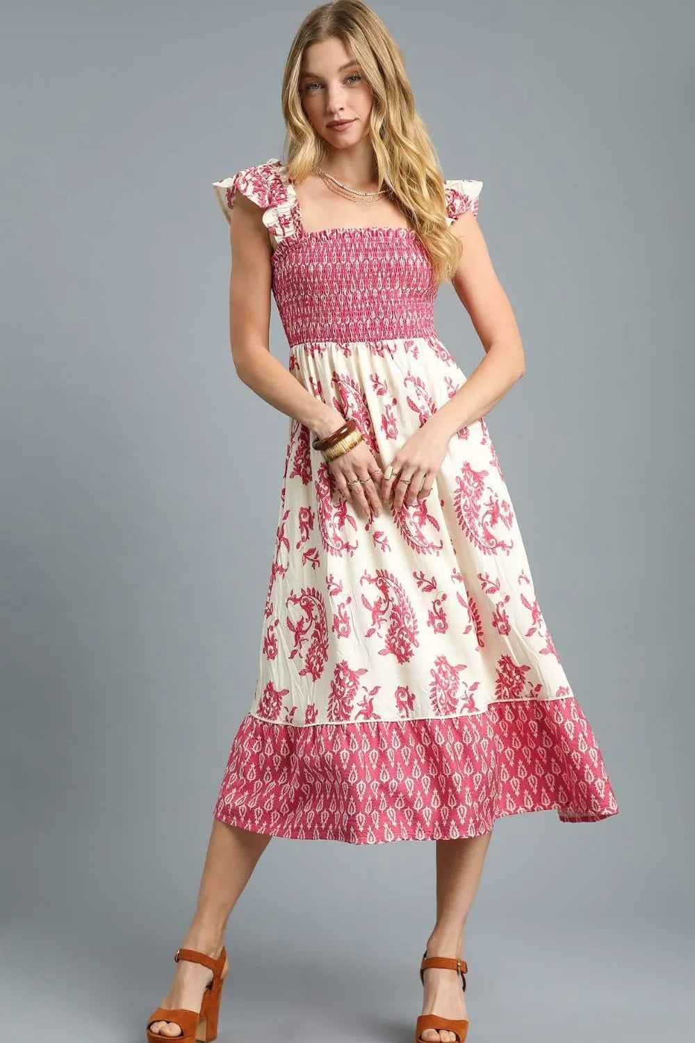 Umgee Printed Smocked Waist Flounce Sleeve Midi Dress - Ruffled.