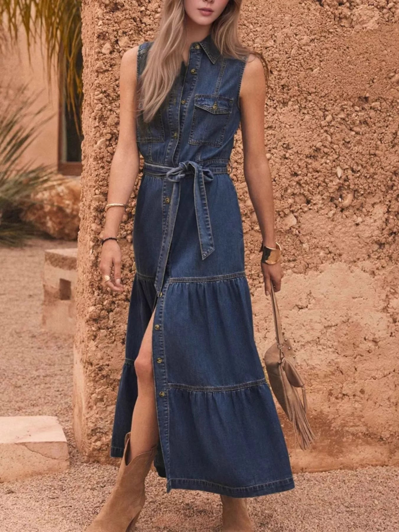 Button Front Sleeveless Denim Dress - Tiered & Belted.