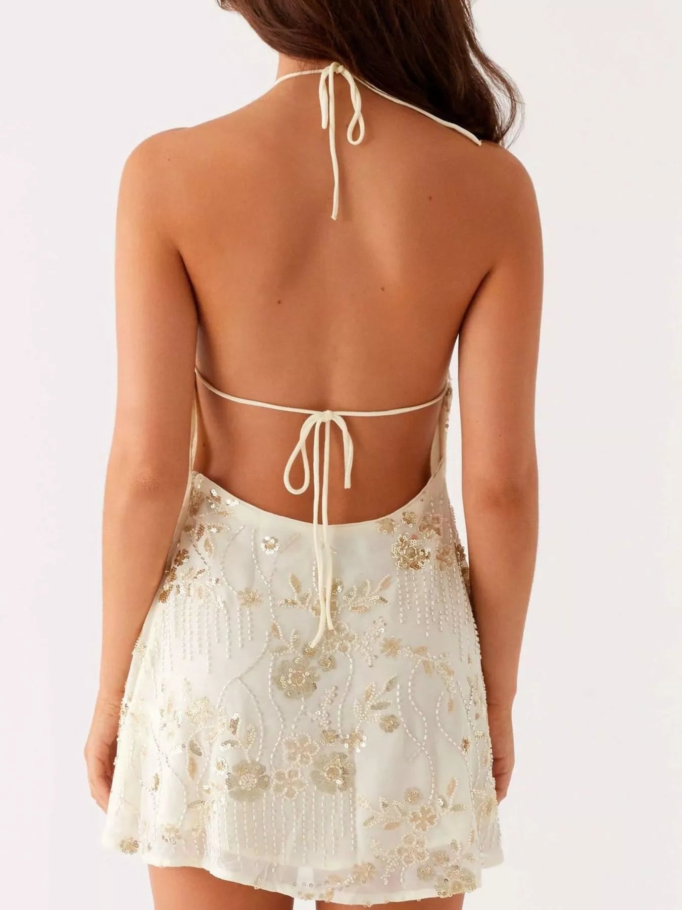Backless Embroidered Halter Neck Mini Dress - Tied.