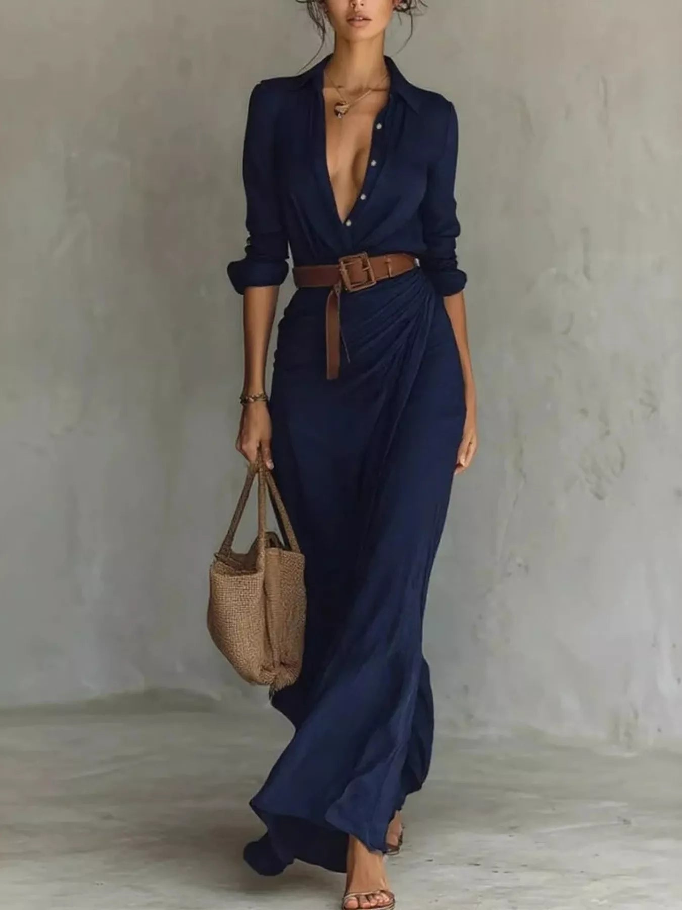 Plus-size khaki, black, white and navy V-neck ruched maxi dress with long sleeves and belt