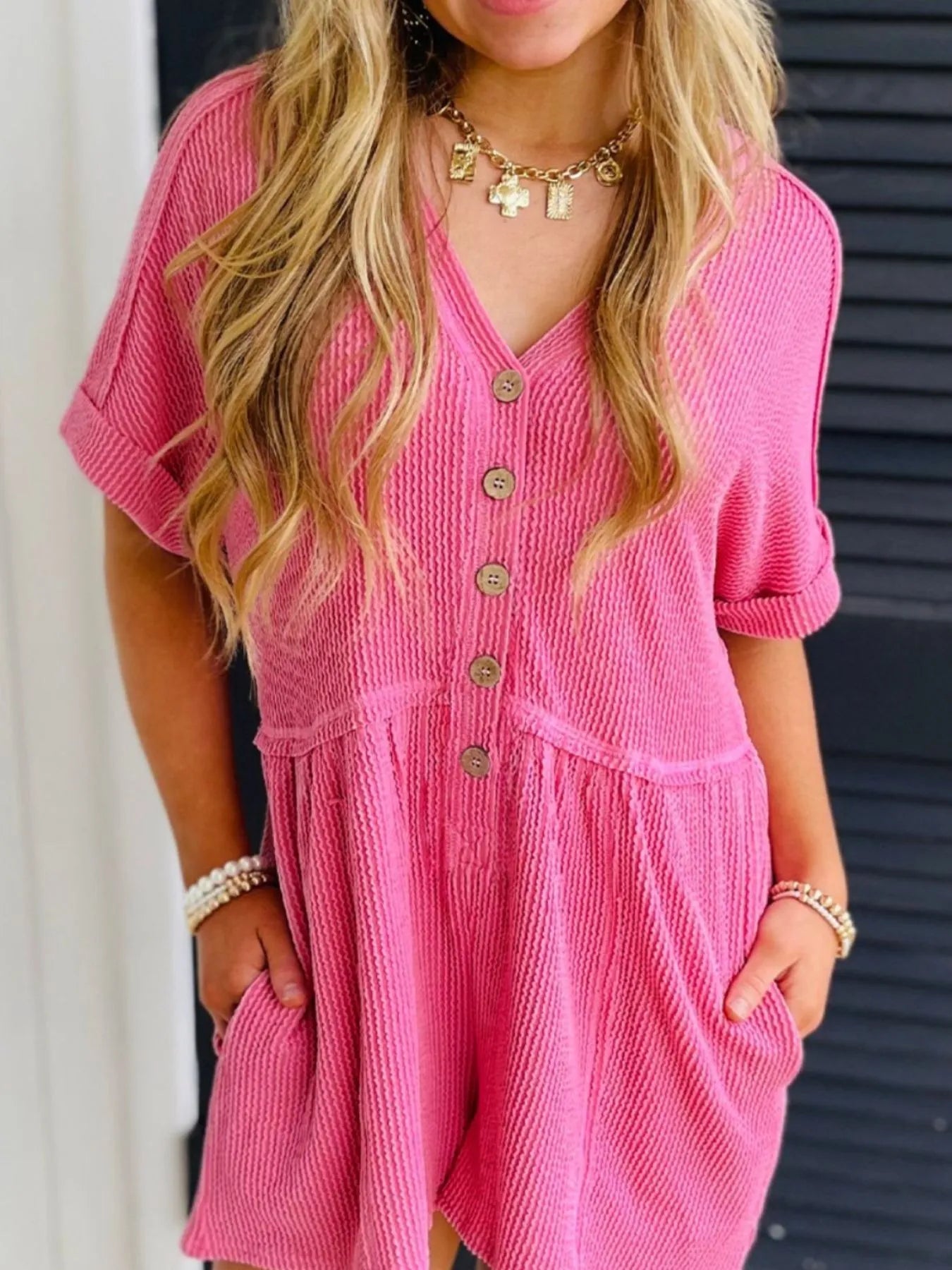 Casual Button-Front Ribbed Romper with Pockets.