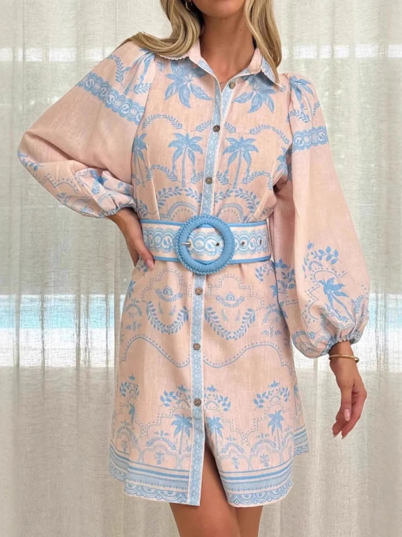 Printed Button Up Maxi Shirt Dress with Belt and Pockets.