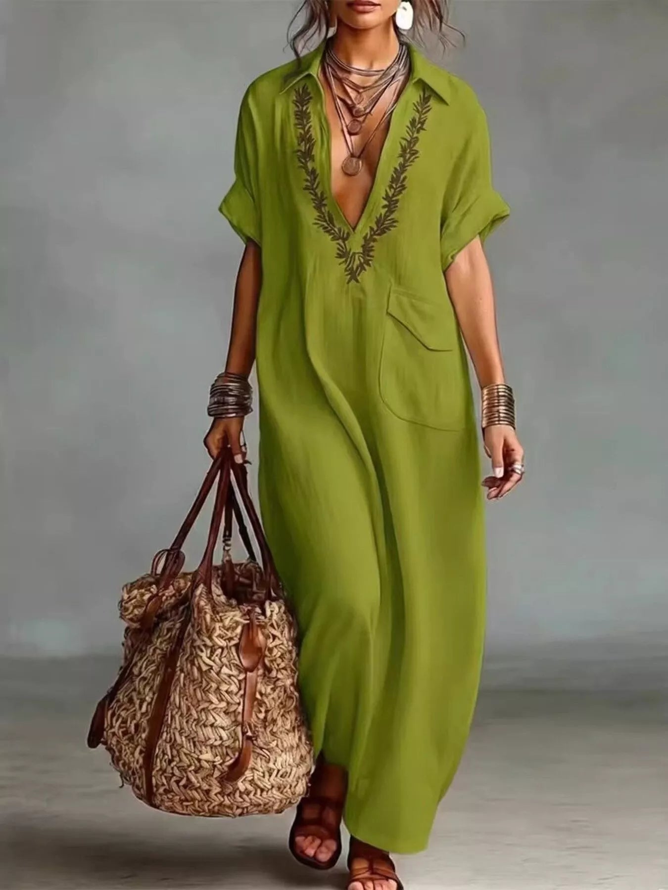 Bohemian embroidered maxi dress with short sleeves and V-neck, shown in apricot, black, blue, green and yellow