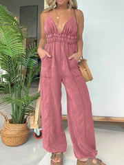 Plus Size Wide Leg Spaghetti Strap Jumpsuit with Pockets and Smocked.