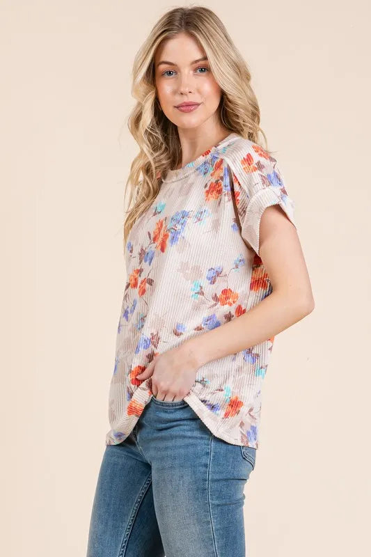 Floral Round Neck RIbbed T-Shirt