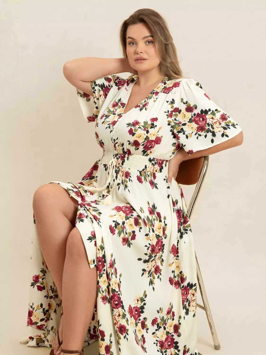 Plus Size Floral Print Maxi Dress with Side Slit and Tied Waist.