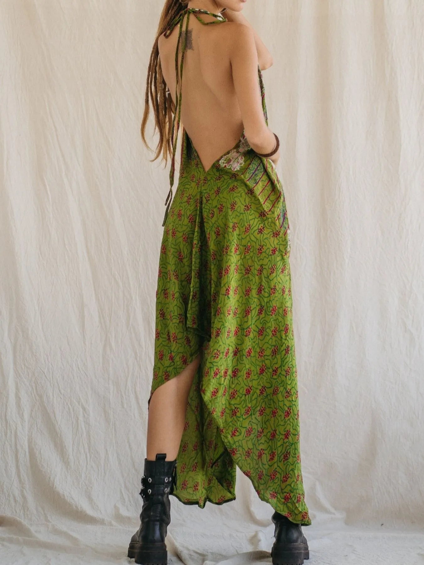 Backless Printed Halter Neck Maxi Dress - Tied.