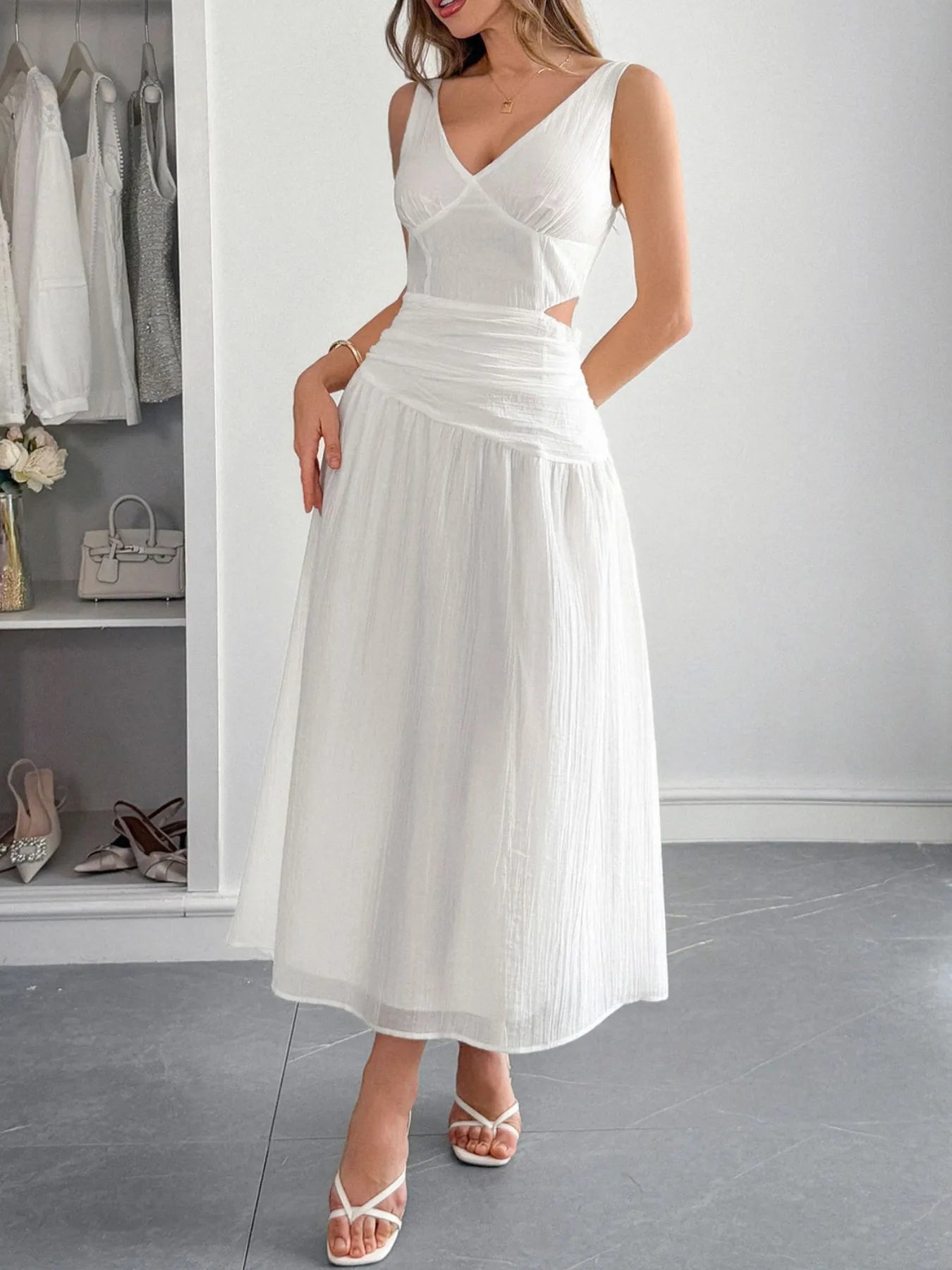 Cutout V-Neck Sleeveless Midi Dress - Ruched.
