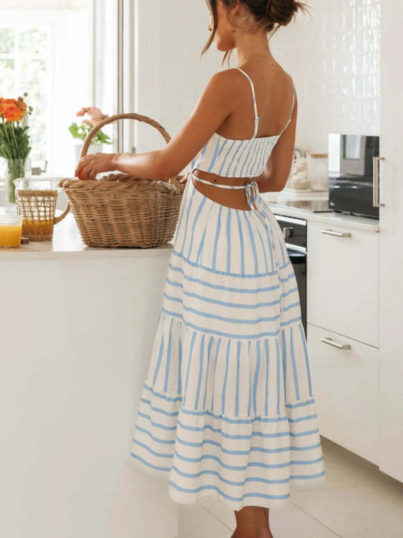 Cutout Striped Tiered Summer Midi Dress.