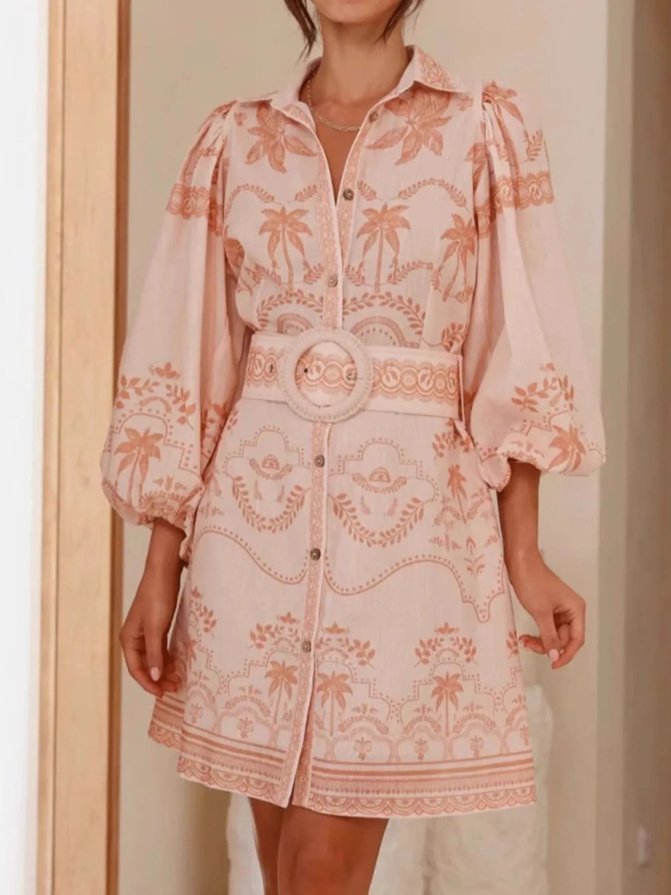 Printed Button Up Maxi Shirt Dress with Belt and Pockets.