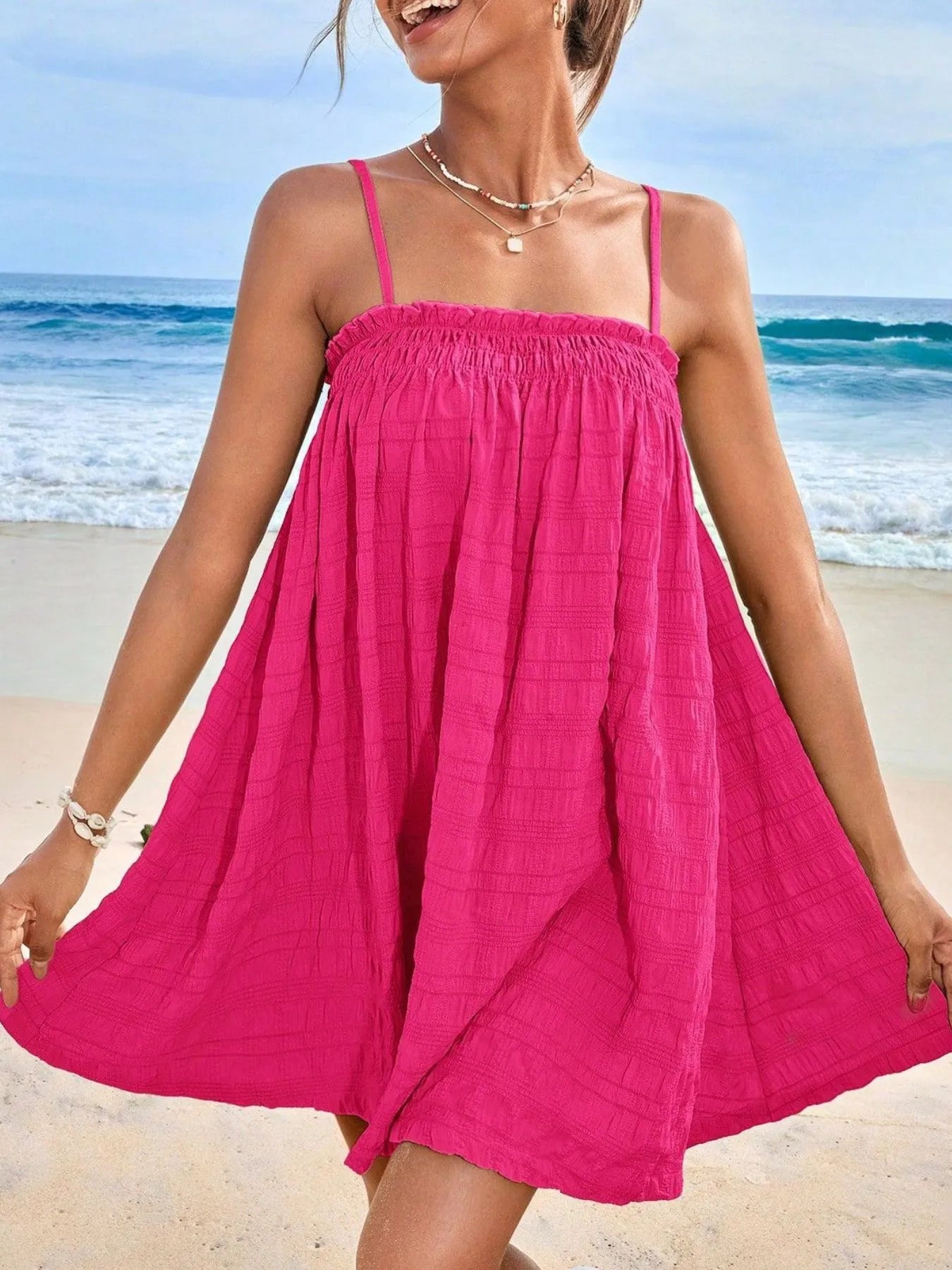 Frill Tiered Tie Shoulder Mini Dress - Lined.