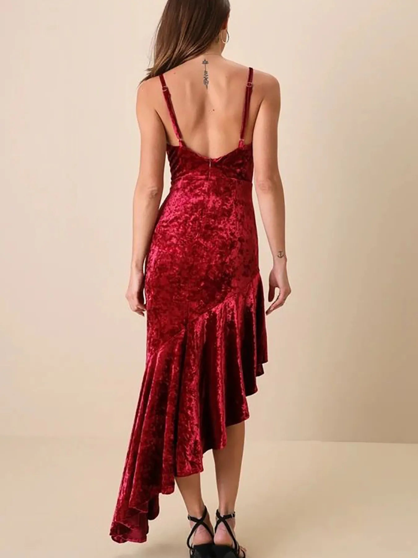 Asymmetrical Velvet Cami Dress with Ruffle Hem and Slit.