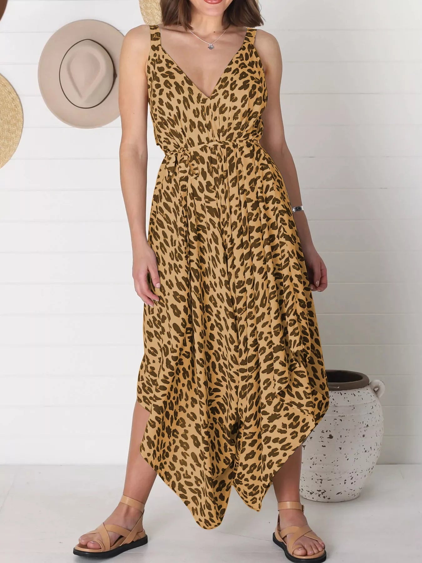 Plus Size Leopard Print V-Neck Wide Leg Jumpsuit with Tie.