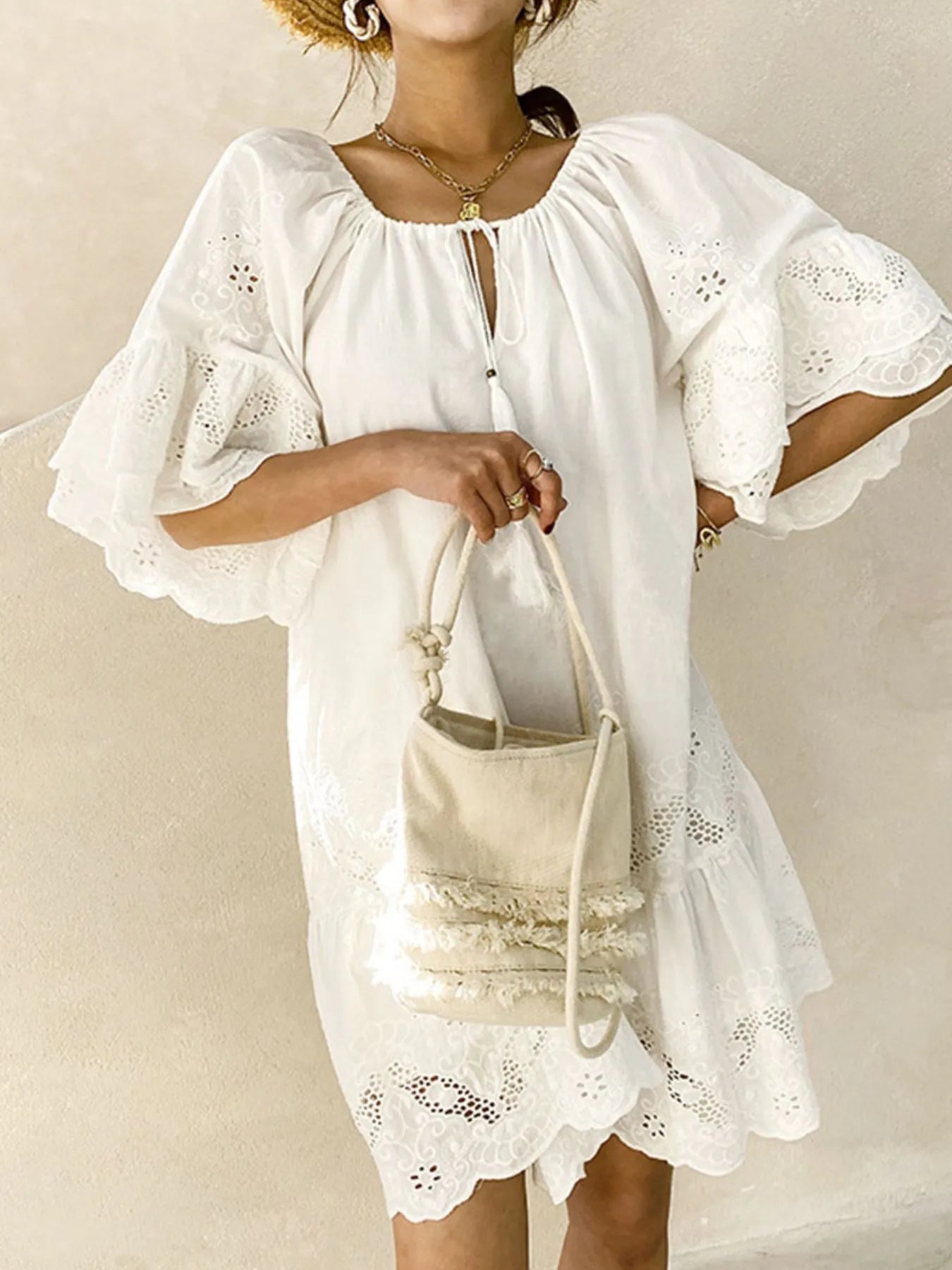 Eyelet Embroidered Tassel Tie Neck Dress - Ruffled.