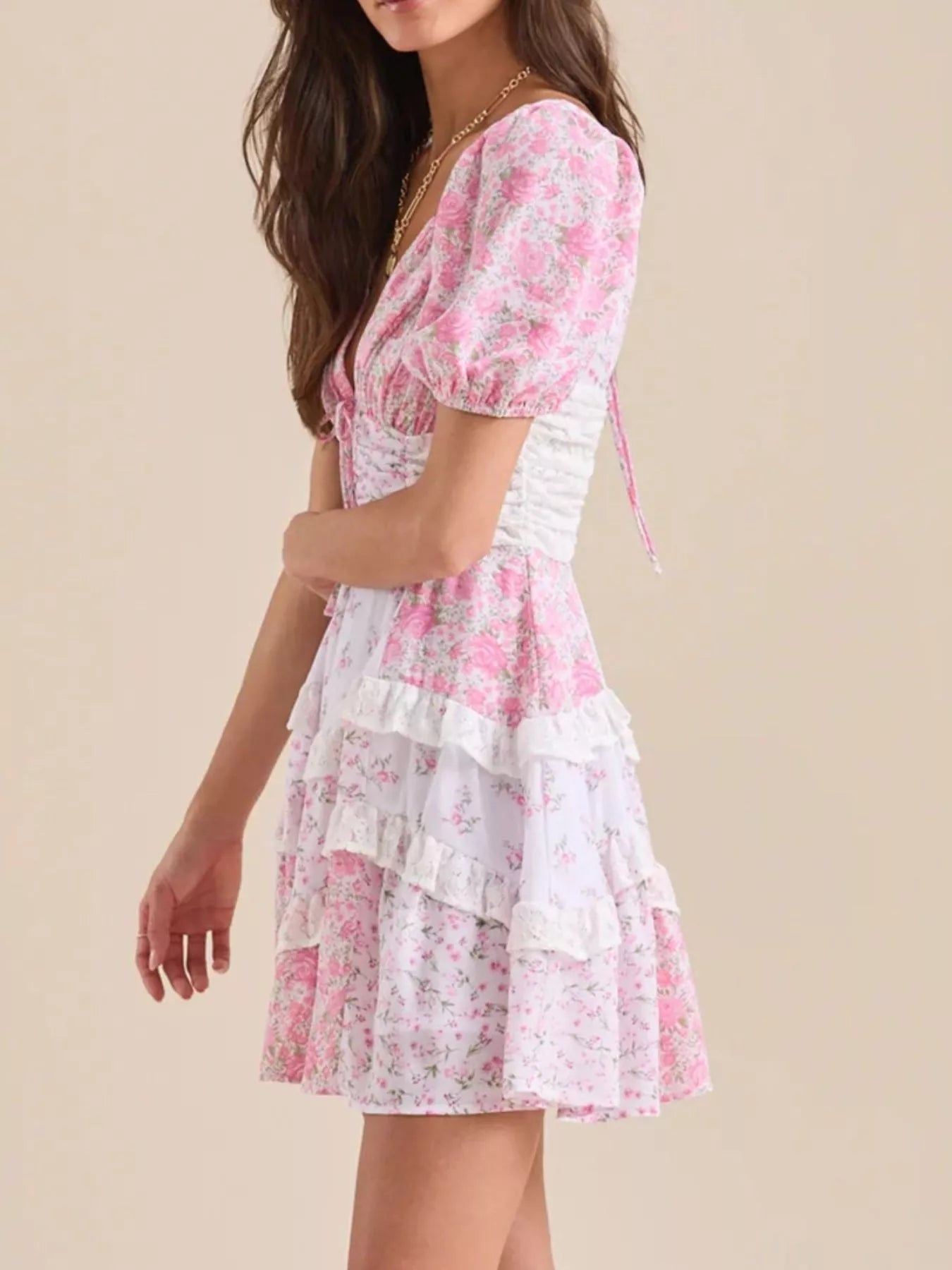 Floral Puff Sleeve V-Neck Mini Dress - Embroidered.