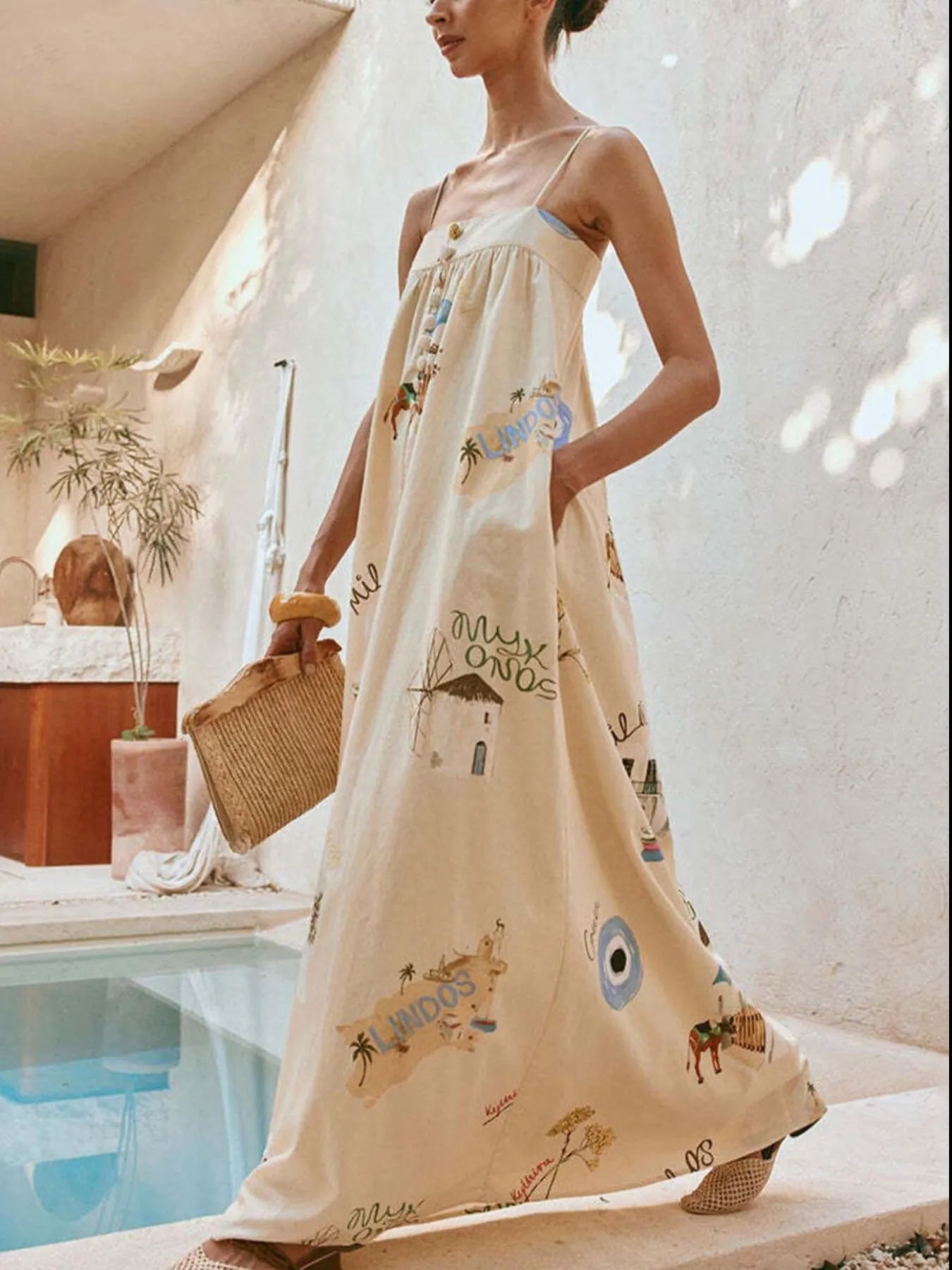 Bohemian Print Cami Maxi Dress with Pockets.