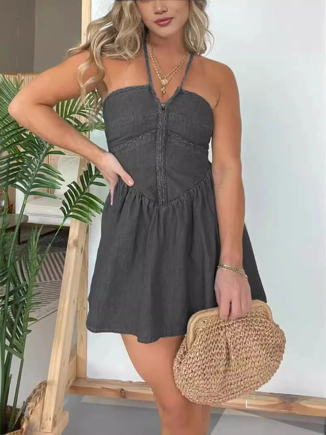 Layered Halter Neck Mini Dress - Tiered & Ruched.