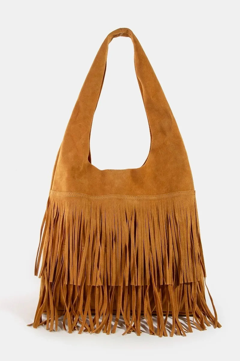 Layered Fringe Detail Suede Hobo Bag - Large Brown.