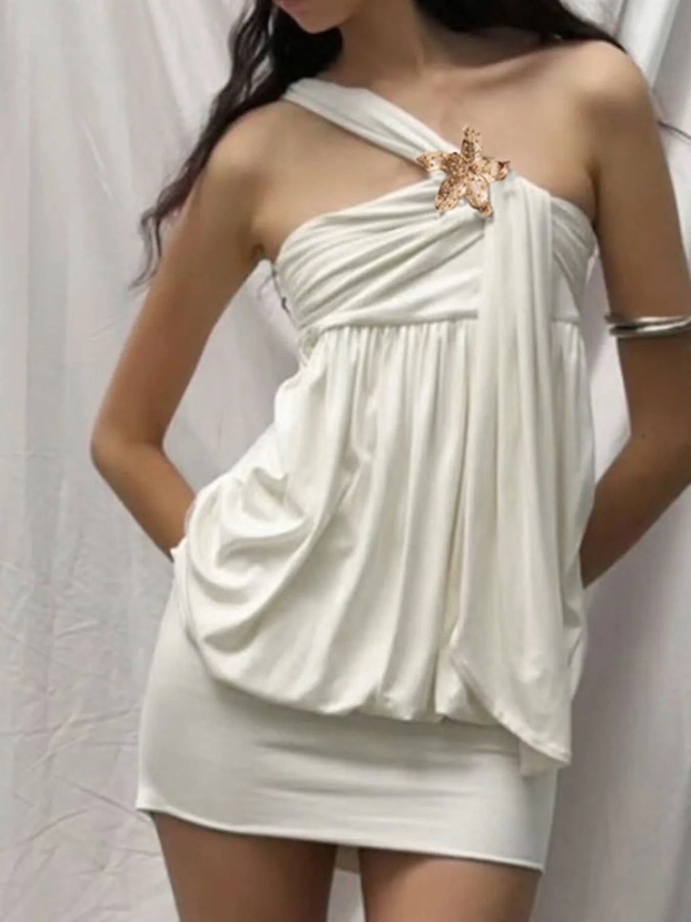 Ruched One-Shoulder Mini Dress - Tied & Asymmetrical.