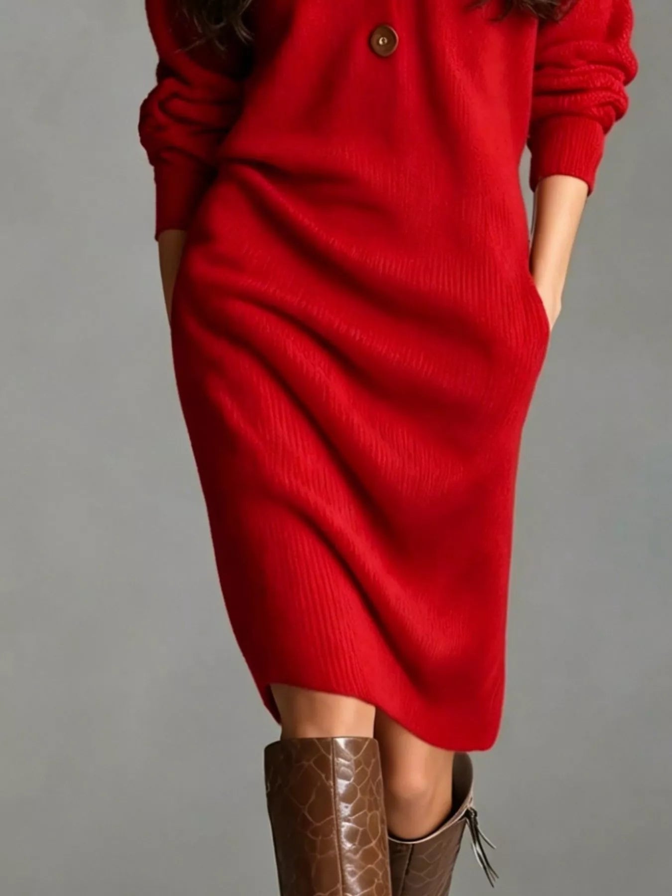 Long-sleeve ribbed knit midi dress with V-neck, half-button front, and side pockets