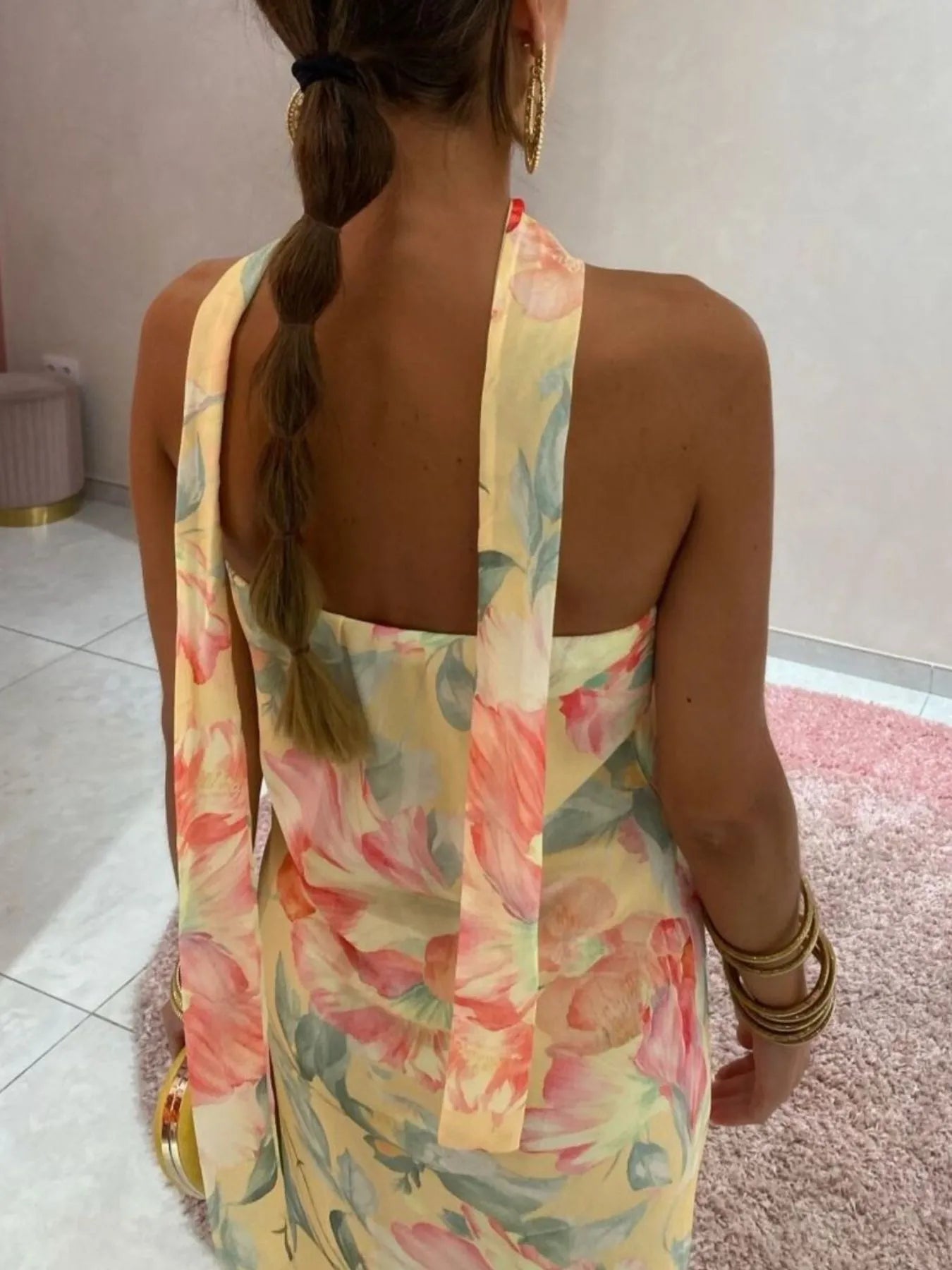Printed V-Neck Cami Dress - Backless & Cutout.