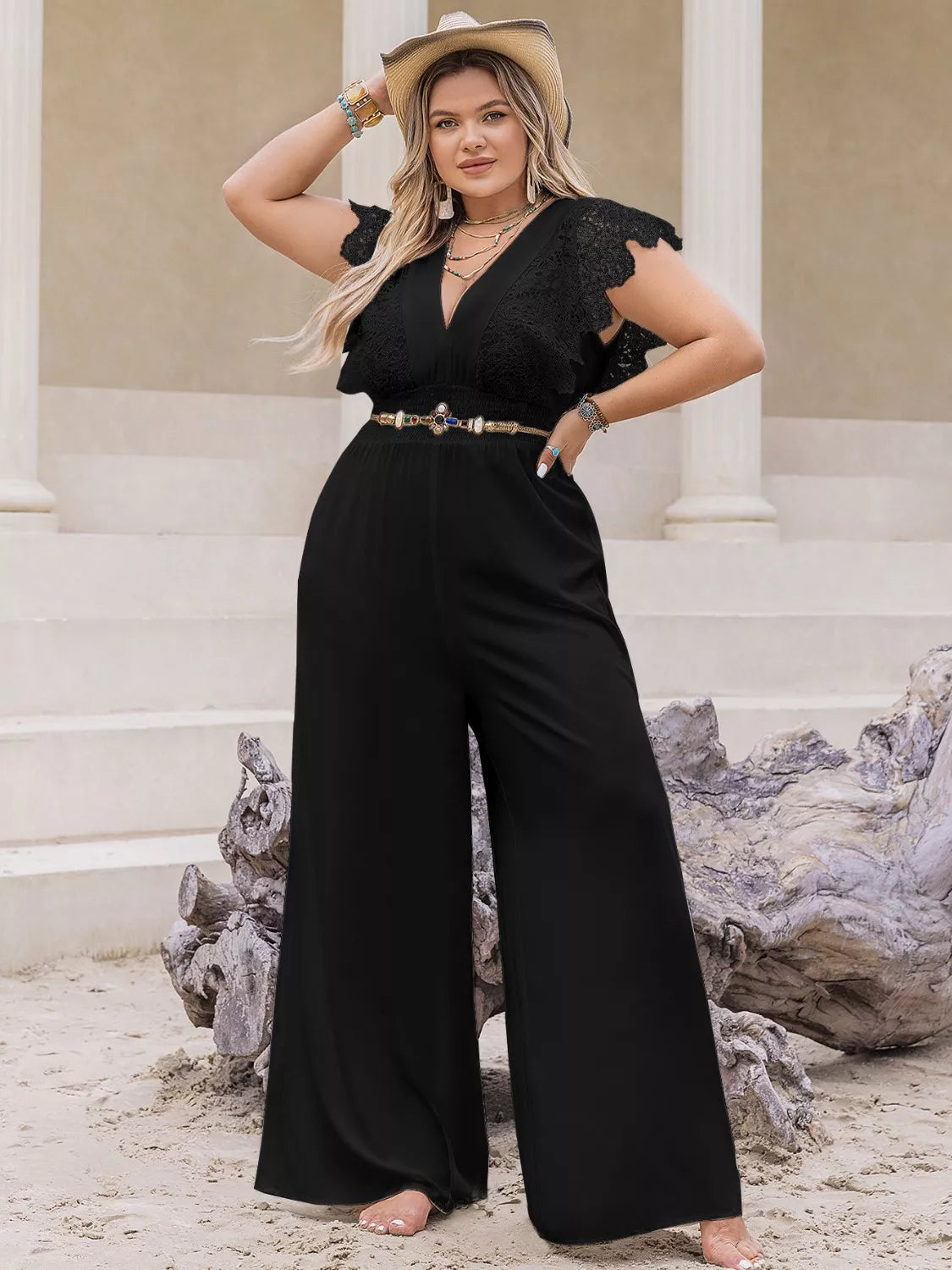 Plus Size Lace Cap Sleeve Wide Leg Jumpsuit with Buttons.