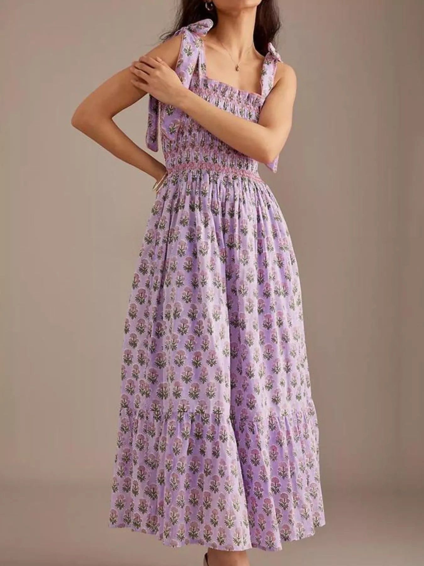 Floral Square Neck Puff Sleeve Maxi Dress with Ruffle Hem.