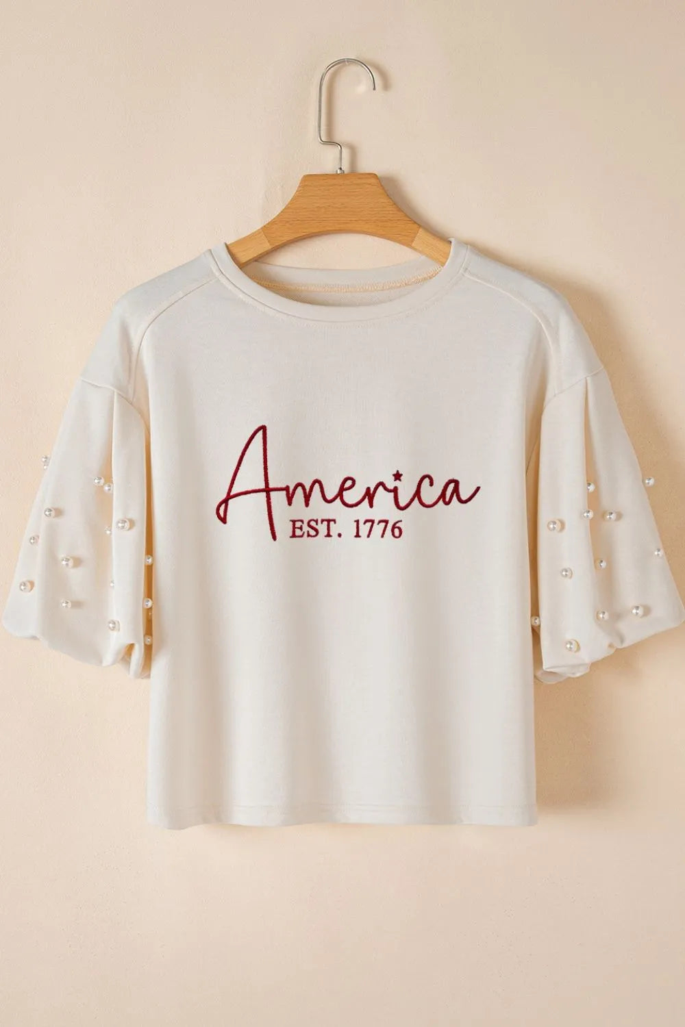 AMERICA EST 1776 Embroidered Pearl Beaded Sleeve T Shirt