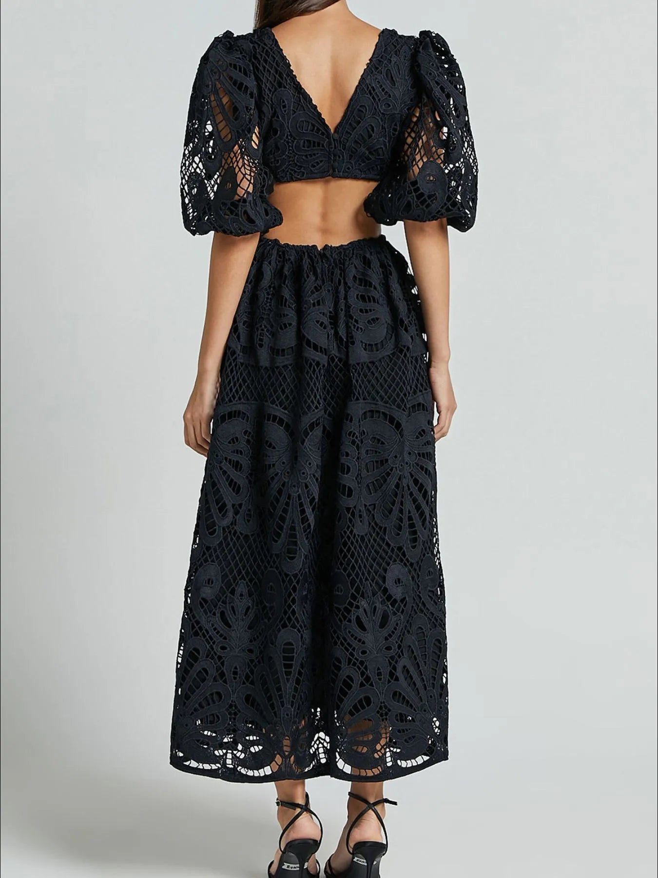 Cutout Back Lace Crochet V-Neck Dress.