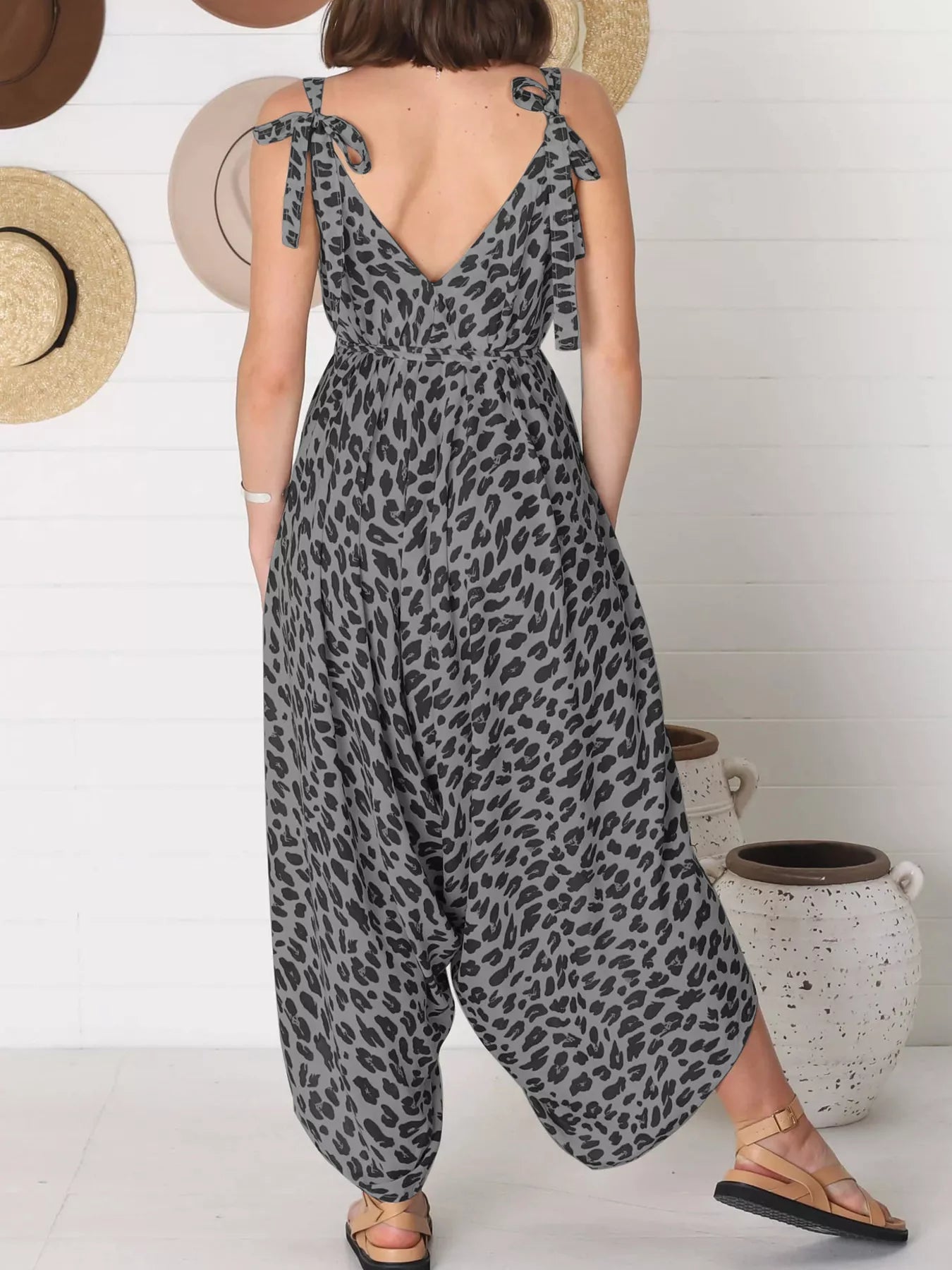 Plus Size Leopard Print V-Neck Wide Leg Jumpsuit with Tie.