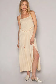 Frill Spaghetti Strap Maxi Dress with Smocked Bodice.