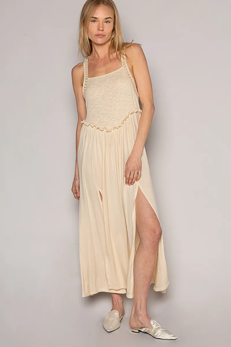Frill Spaghetti Strap Maxi Dress with Smocked Bodice.