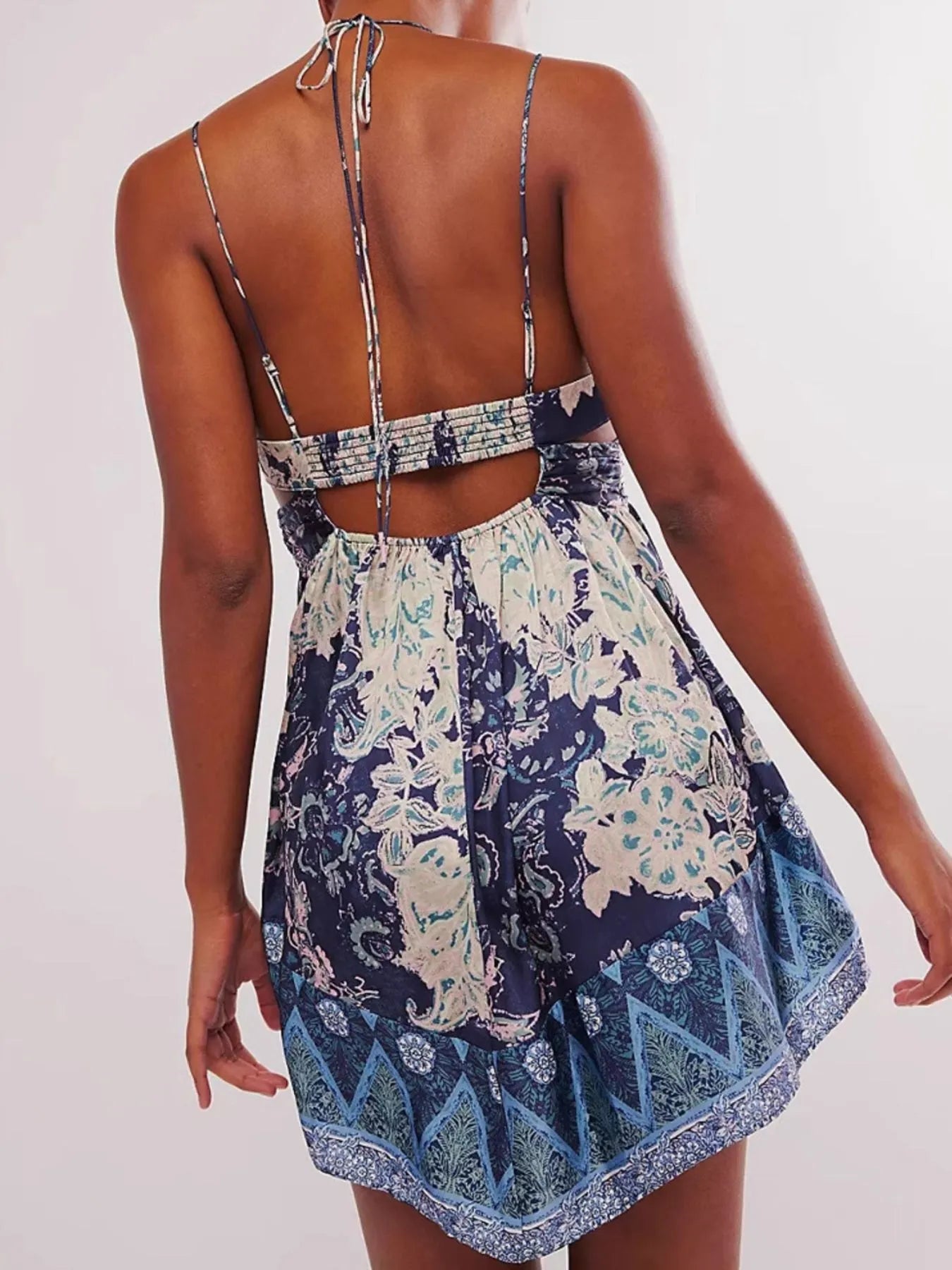 Floral Print Halter Neck Split Maxi Dress - Backless & Smocked.