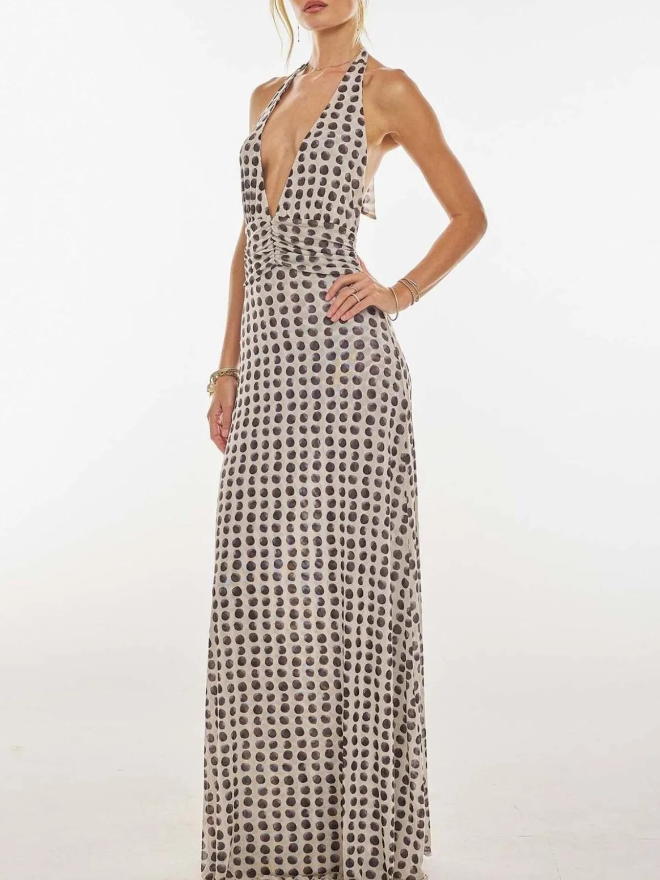 Floral Halter Neck Deep V Maxi Dress - Backless & Ruched.