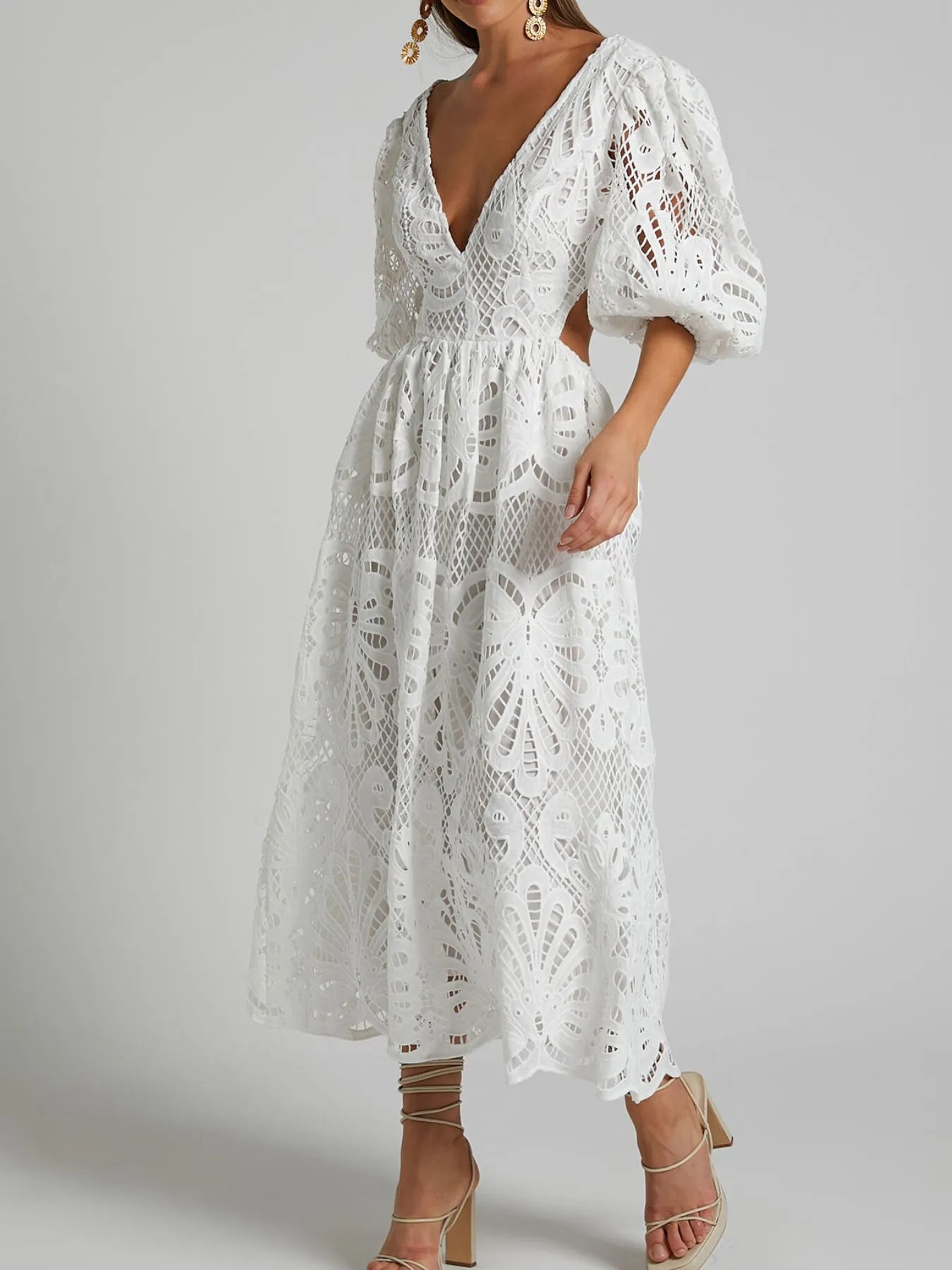 Cutout Back Lace Crochet V-Neck Dress.