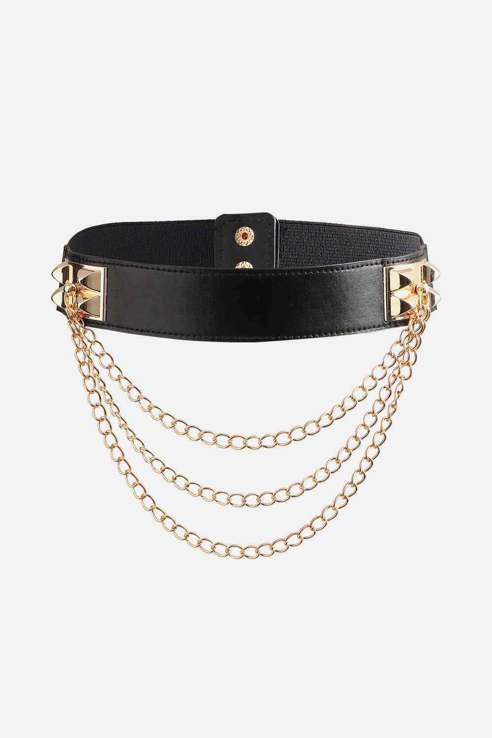 Black elastic belt with a sleek 1.6-inch PU band, sculptural alloy side accents, and three gold-tone chain drapes for a polished statement finish.