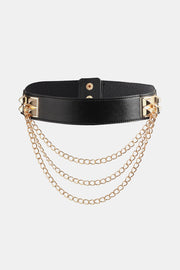 Black elastic belt with a sleek 1.6-inch PU band, sculptural alloy side accents, and three gold-tone chain drapes for a polished statement finish.