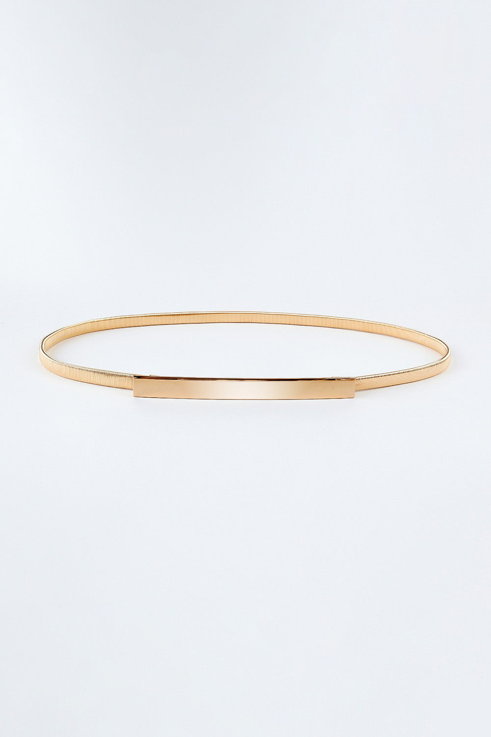 Slim elastic iron belt in a warm metallic gold finish, featuring a narrow profile and structured rectangular buckle for polished waist definition.