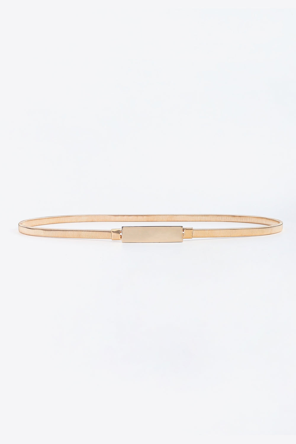 Slim gold-tone elastic iron belt shown laid flat, featuring a sleek narrow silhouette and structured rectangular buckle with clean understated construction.